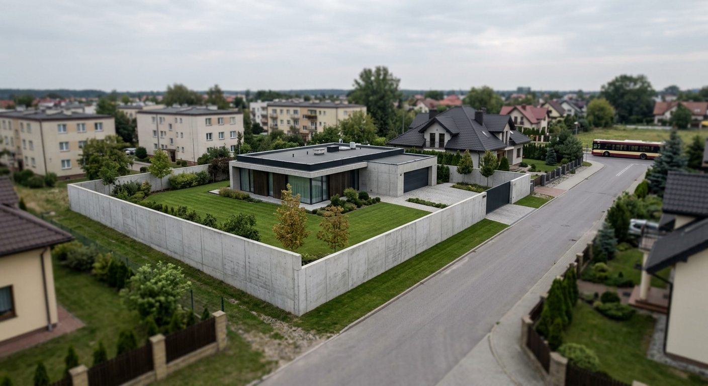 The image displays a modern house with a concrete fence, showcasing a contemporary architectural style.
