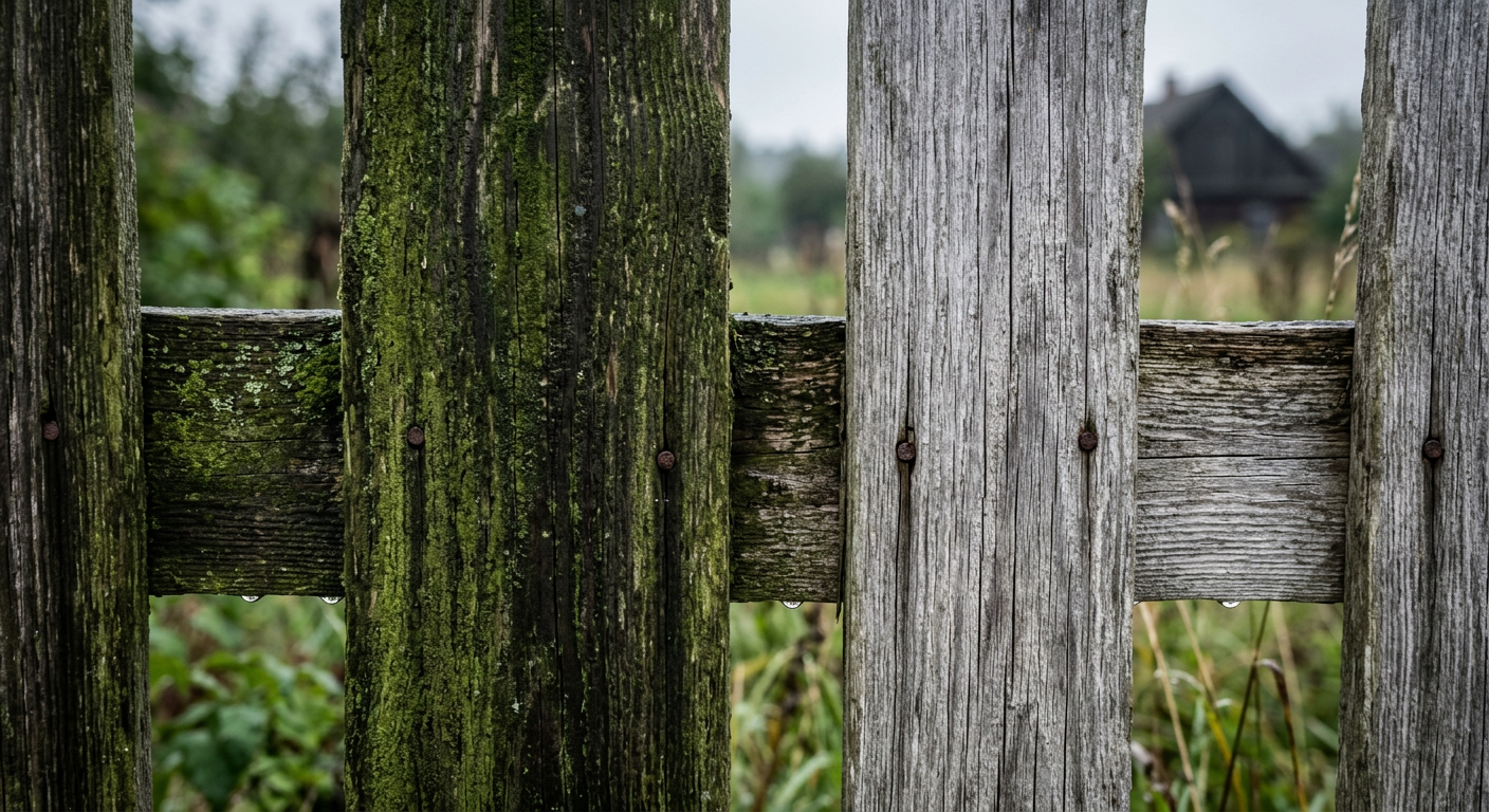 A close-up shot shows a hand applying a protective coating to a wooden fence, highlighting the maintenance aspect.