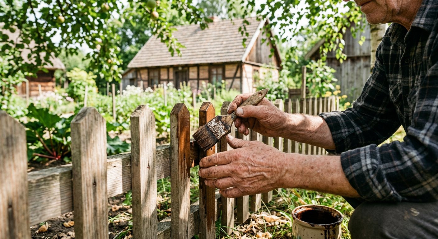 A close-up shot of a wooden fence with a hand applying a protective coating, suggesting maintenance.