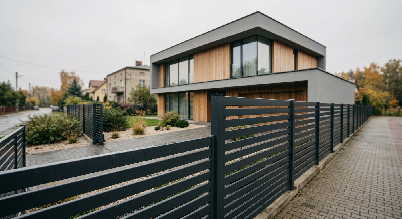 The image displays a modern house with a well-maintained garden, featuring a stylish fence that blends into the natural surroundings.