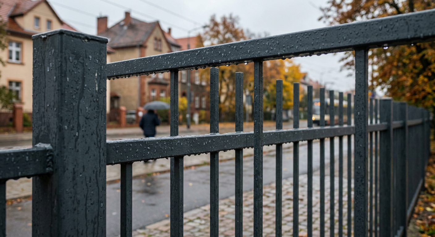 The image displays a modern house with a well-maintained garden, featuring a stylish fence that blends seamlessly with the surroundings, suggesting a suitable option for Polish conditions.
