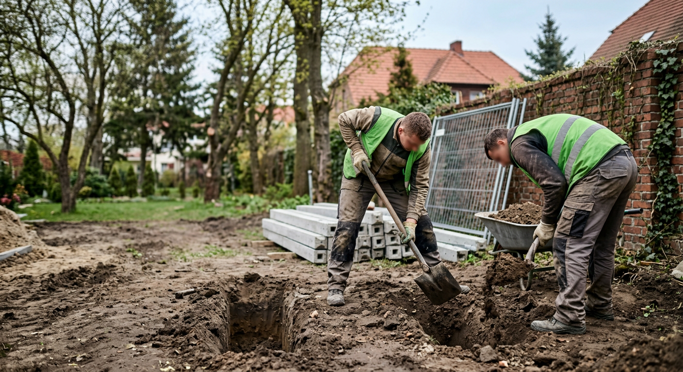 A close-up shot shows a worker's hands in gloves, carefully placing a concrete fence panel into a pre-installed post, with other panels stacked in the background.