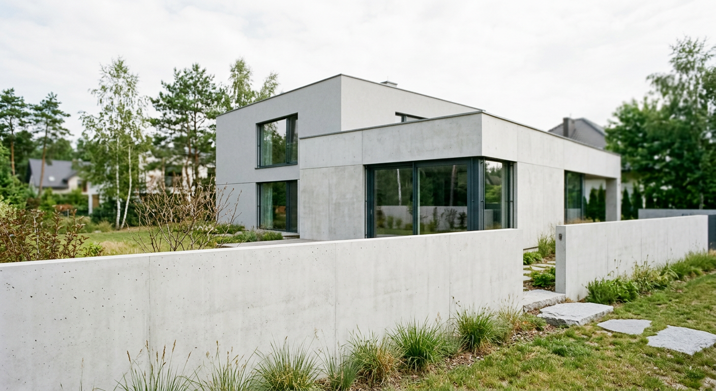 The image displays a modern house with a concrete fence, showcasing a contemporary architectural style.