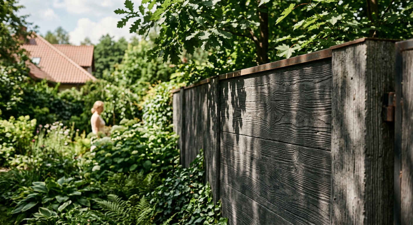 The image shows a modern house with a concrete fence, blending well with the architectural style.
